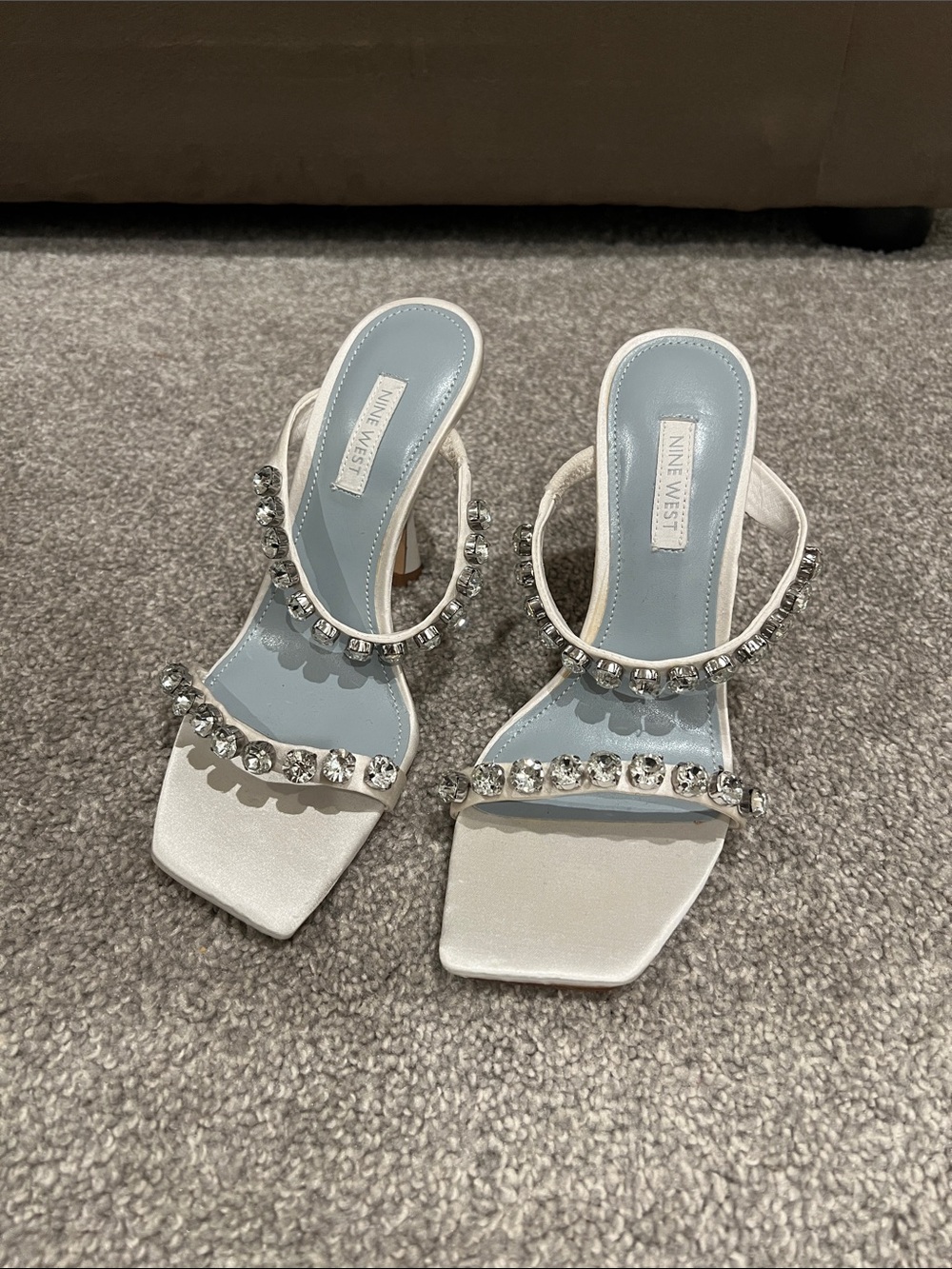 Nine West White Crystal-Strap Heeled Slides